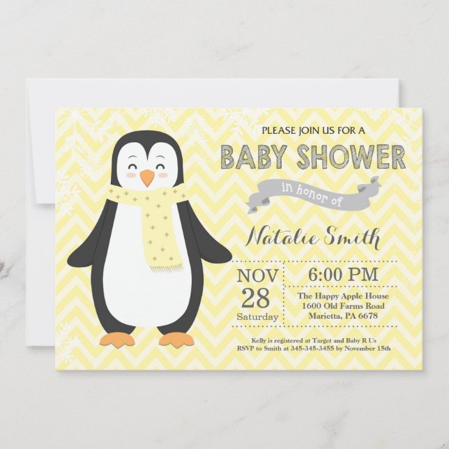 Winter Yellow Penguin Baby Shower Invitation (Front)