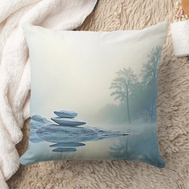 Winter Zen: Foggy Lake Balance Throw Pillow (Blanket)
