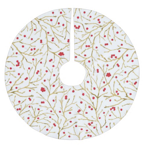 Winterberries Christmas Tree SkirtRedGoldWhite Brushed Polyester Tree Skirt