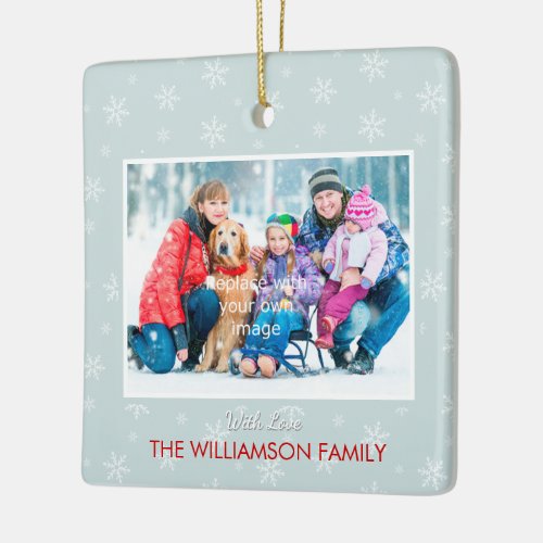 Winterberries Seasons Greetings Photo on Icy Blue Ceramic Ornament