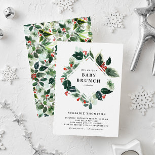 Winterberry and Holly Greenery Baby Brunch Invitation