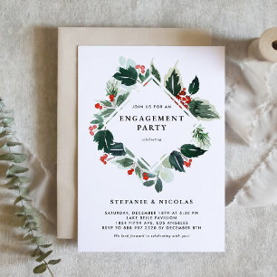 Winterberry and Holly Greenery Engagement Party Invitation