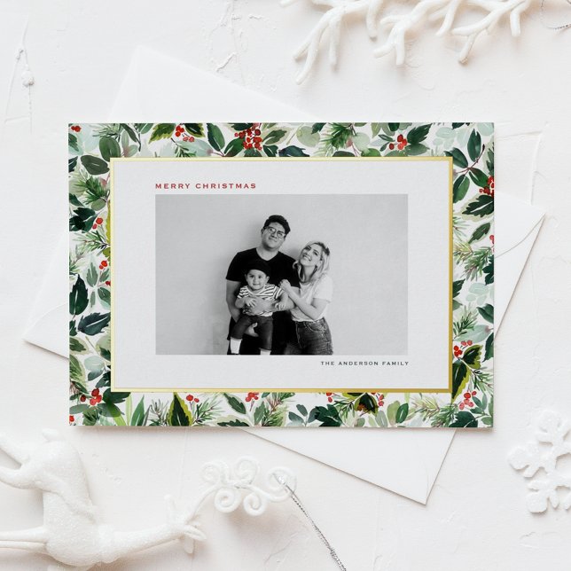 Winterberry and Variegated Leaves Photo Christmas Foil Holiday Postcard (Customizable gold foil photo Christmas postcard featuring watercolor holly and greenery pattern. )