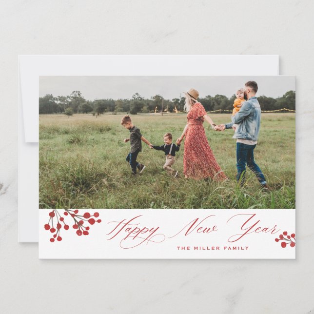 Winterberry Elegant Script Happy New Year Photo Holiday Card (Front)