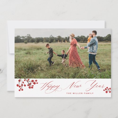 Winterberry Elegant Script Happy New Year Photo Holiday Card