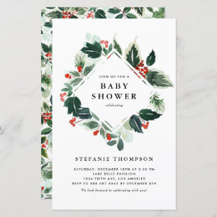 Winterberry Holly Greenery Baby Shower Invitation