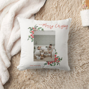 Winterberry Holly Merry Christmas Family Photo Throw Pillow