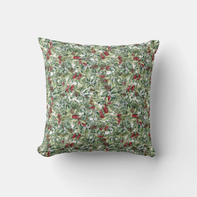 Winterberry Holly, Red Berries, Pine Cones Throw Pillow (Front)