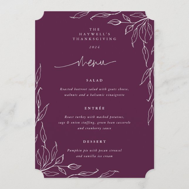 Winterberry Leaf Motif Thanksgiving Dinner Menu (Front)