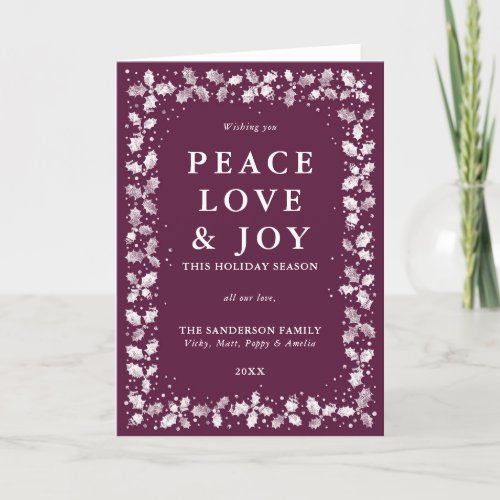 Winterberry Peace Love  Joy Hand Printed Holly Holiday Card