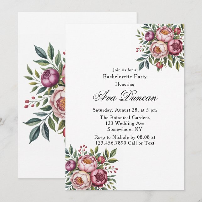 Winterberry Primrose Floral Bachelorette Party Invitation (Front/Back)