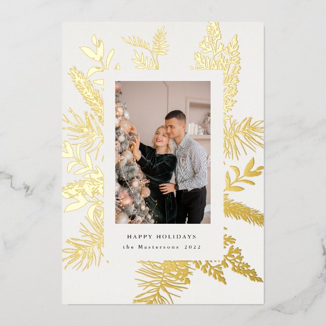 wintergreen foliage elegant photo holiday foil invitation (Front)