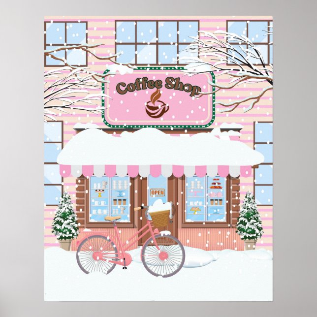 Winter's Embrace, A Cozy Coffee Shop in the Snow Poster (Front)