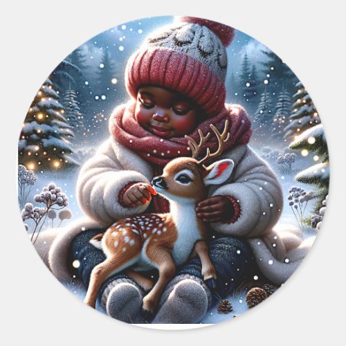 Winters Friendship Boy and Baby Deer Classic Round Sticker
