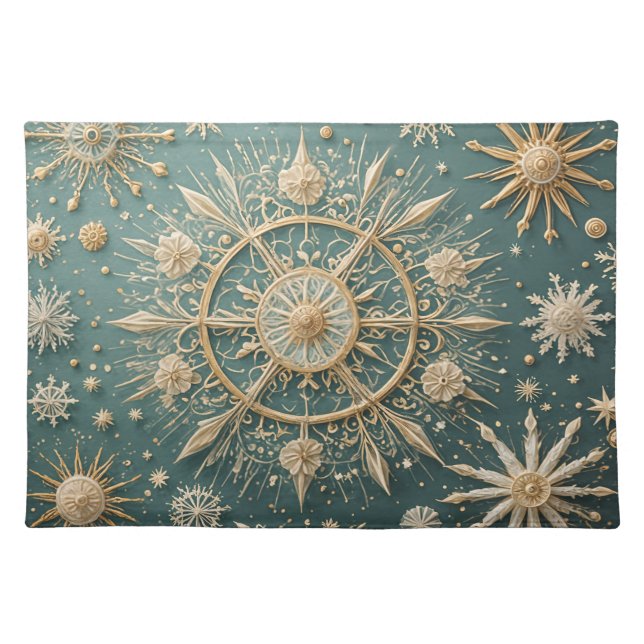 Winter's Golden Embrace: A Snowflake Serenade Cloth Placemat (Front)