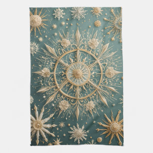 Winter's Golden Embrace: A Snowflake Serenade Kitchen Towel