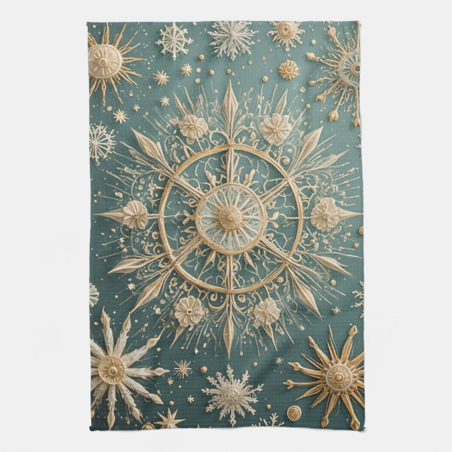 Winter's Golden Embrace: A Snowflake Serenade Kitchen Towel (Vertical)