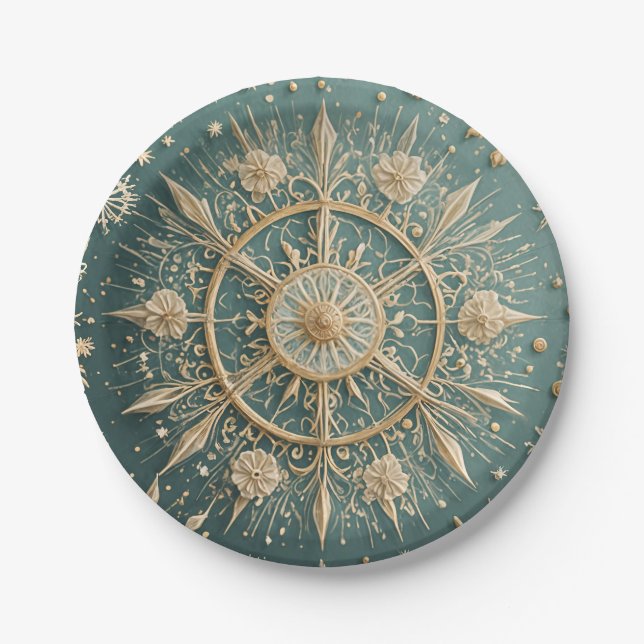 Winter's Golden Embrace: A Snowflake Serenade Paper Plates (Front)