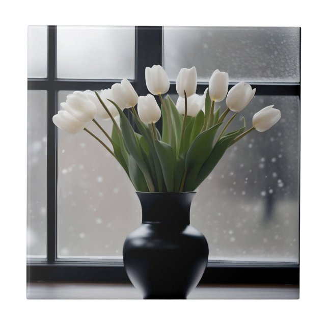 "Winter's Grace: White Tulips in a Black Vase  Ceramic Tile (Front)
