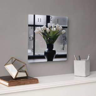 "Winter's Grace: White Tulips in a Black Vase Square Wall Clock