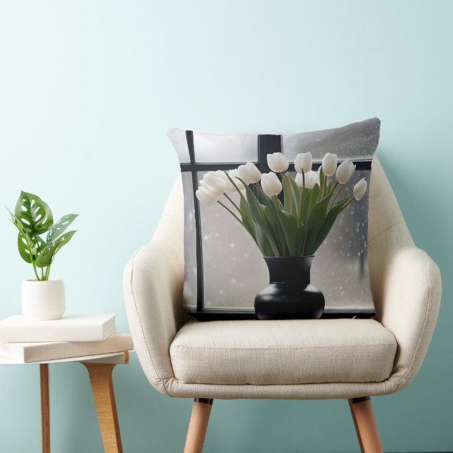 "Winter's Grace: White Tulips in a Black Vase Throw Pillow (Chair)