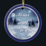 Winter's Night Ceramic Ornament<br><div class="desc">Round ceramic ornament with an image,  on both sides,  of a beautiful winter night with a luminous full moon and a starlit sky on navy blue. silver border. Customizable holiday sentiment. See matching pewter snowflake ornament. See the entire Hanukkah Ornament collection under the HOME category in the HOLIDAYS section.</div>