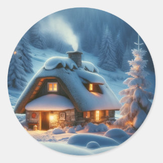 Winter's Warm Embrace: A Solitary Snowy Hut Classic Round Sticker