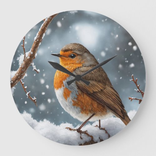 Winters Watch A Robin Amidst Snowy Boughs Large Clock