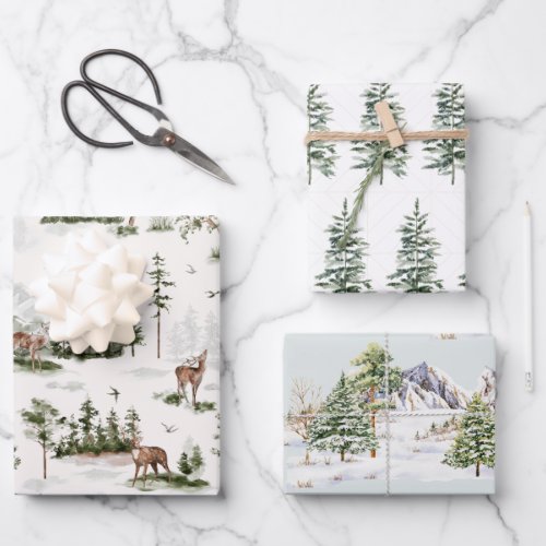 Winterscape Tree Mountains Christmas Holiday Wrapping Paper Sheets