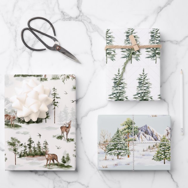 Winterscape Tree Mountains Christmas Holiday Wrapping Paper Sheets (Front)