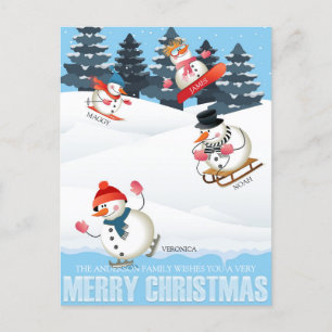 Wintersport Snowmen Illustration Christmas Holiday Postcard