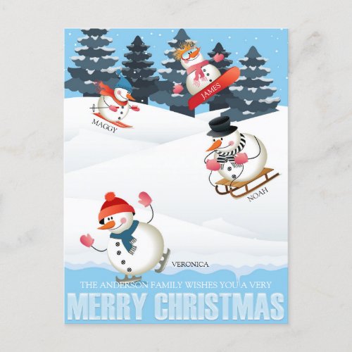 Wintersport Snowmen Illustration Christmas Holiday Postcard
