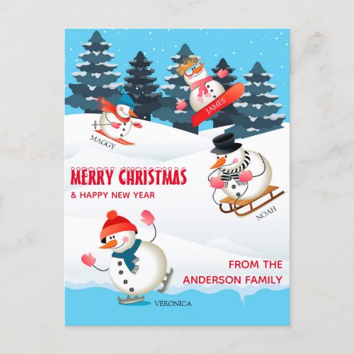 Wintersport Snowmen Illustration Merry Christmas Holiday Postcard