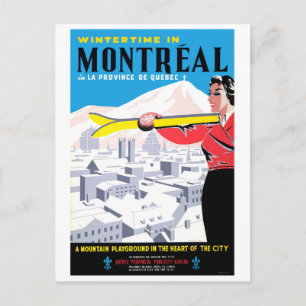 Wintertime in Montreal, woman with ski equipment Postcard