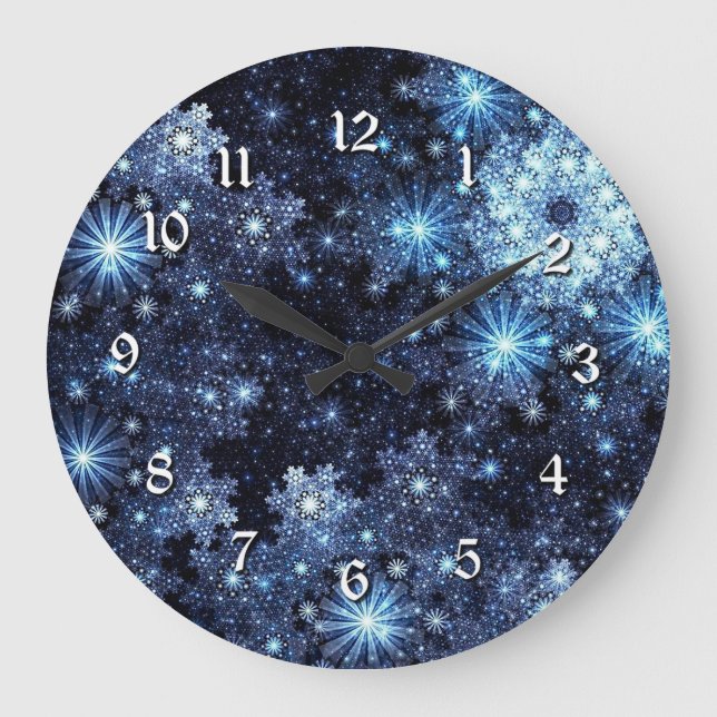 Wintery Blue Snowflake Pattern Wall Clock (Front)