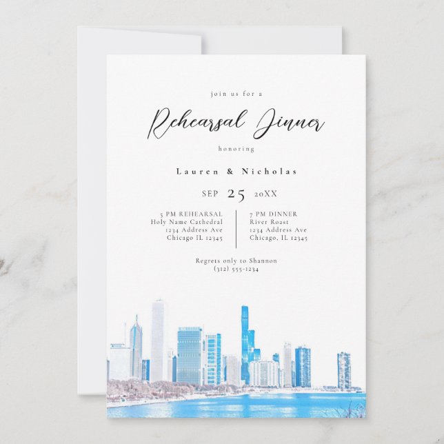 Wintery Chicago Skyline Rehearsal Dinner  Invitation (Front)