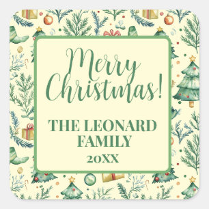 Wintery Christmas Scene Trees, Gifts and Ornaments Square Sticker