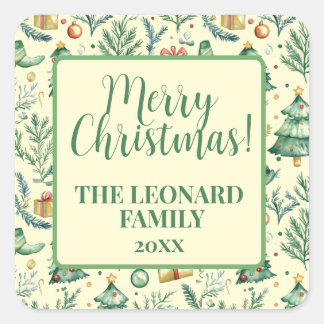 Wintery Christmas Scene Trees, Gifts and Ornaments Square Sticker