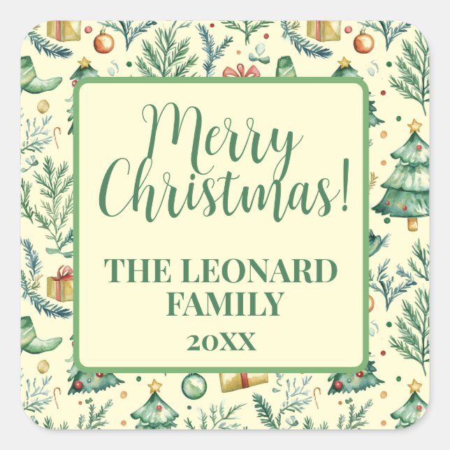 Wintery Christmas Scene Trees, Gifts and Ornaments Square Sticker (Front)