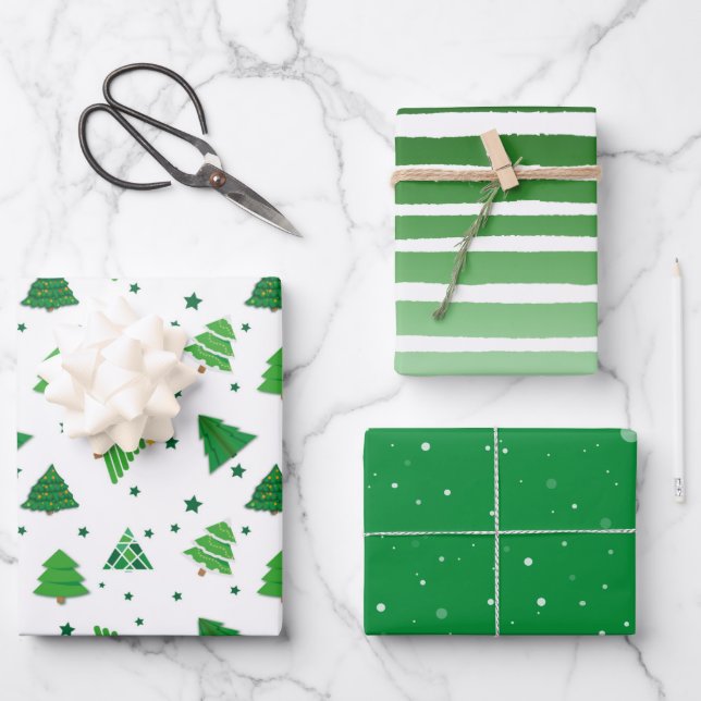 Wintery Christmas Shades of Green Gift Wrapping Paper Sheets (Front)