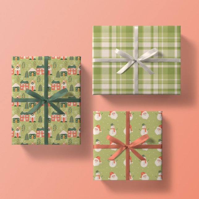 Wintery Christmas Town, Santa, Frosty, Green Plaid Wrapping Paper Sheets (Creator Uploaded)