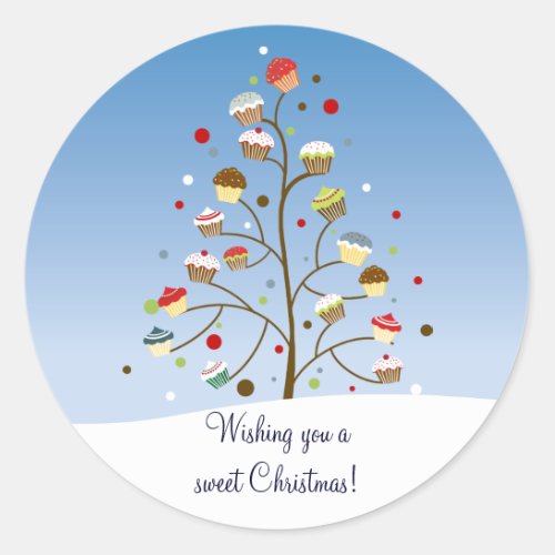 Wintery Christmas Tree of Cupcakes Classic Round Sticker