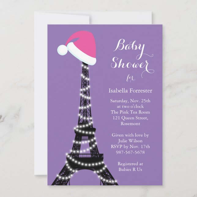 Wintery Eiffel Tower Baby Shower Invitation purple (Front)