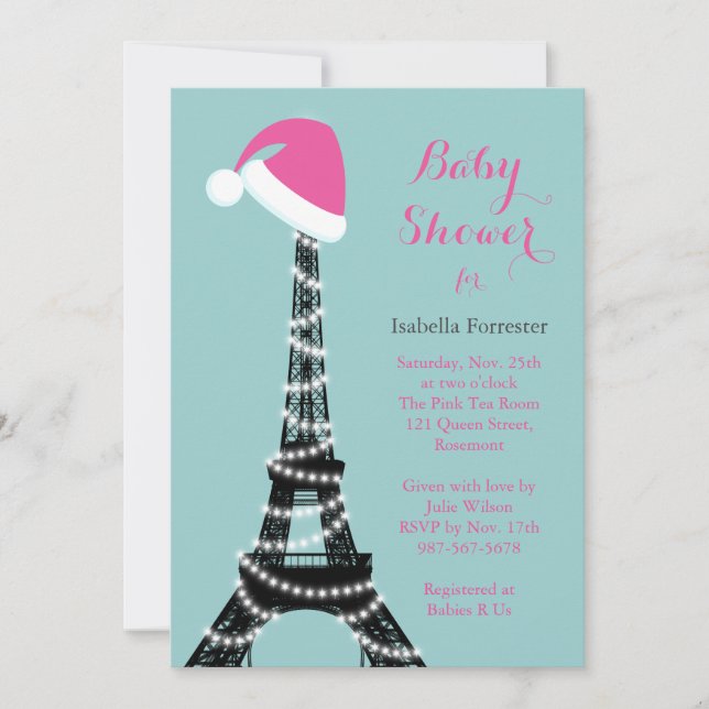 Wintery Eiffel Tower Baby Shower Invite turquoise (Front)