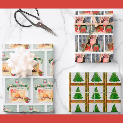 Wintery Festive Cheerful Fireplace Tree Christmas Wrapping Paper Sheets