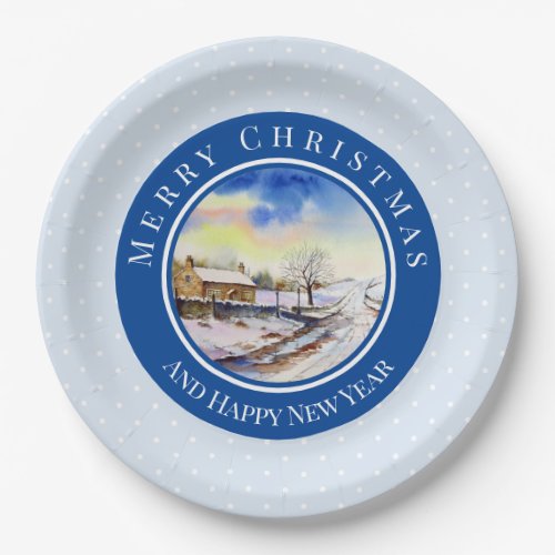 Wintery Lane Family Watercolor Painting Circle Paper Plates