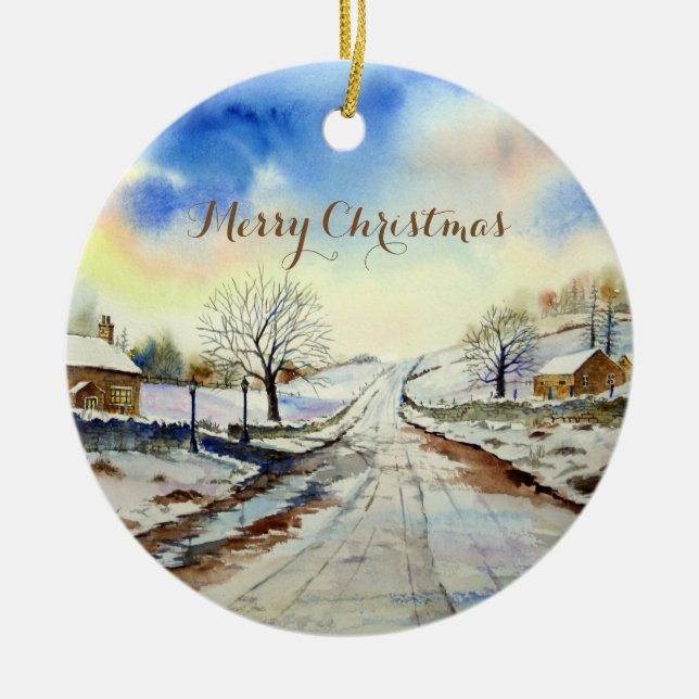 Wintery Lane Landscape Painting Ceramic Ornament (Front)