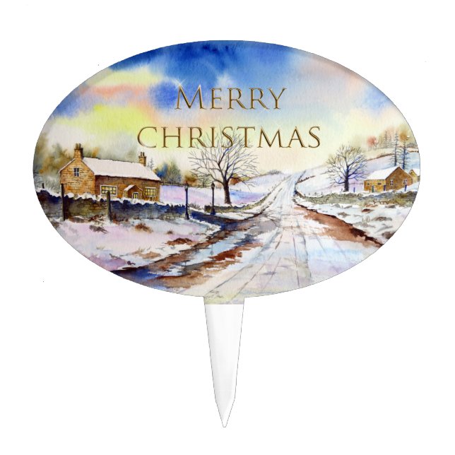 Wintery Lane Watercolor Landscape Painting Cake Topper (Front)