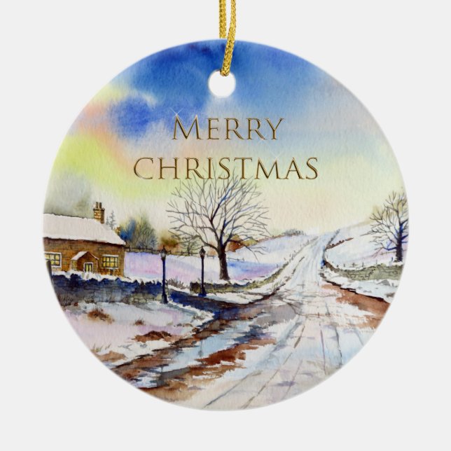 Wintery Lane Watercolor Landscape Painting Ceramic Ornament (Front)