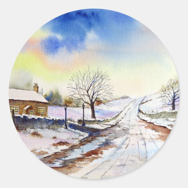 Wintery Lane Watercolor Landscape Painting Classic Round Sticker (Front)